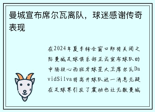 曼城宣布席尔瓦离队，球迷感谢传奇表现